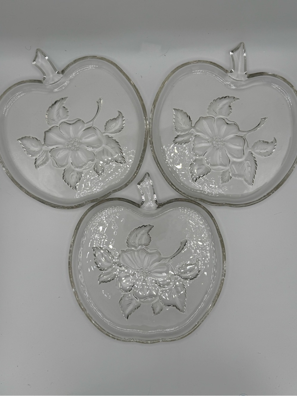 1950’s Hazel-Atlas Clear Apple-Shaped Glass Dessert Plates with Floral Embossing